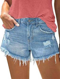 Modarani Denim-Shorts für Damen, ausgefranst, Used-Look, kurz, niedlich, mittelhoch, gerippt, bequem, dehnbar - - X-Groß von MODARANI