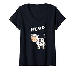 Damen Happy Muh Kuh I Kuhmotiv I Rind Comic Fun I Kühe Cartoon T-Shirt mit V-Ausschnitt von MODARTIS - Fun Cartoon Kühe T-Shirts I Geschenke