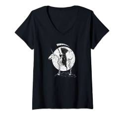 Damen Tod Auf Einhorn Skelett bei Vollmond I Fantasy T-Shirt mit V-Ausschnitt von MODARTIS - Lustige Cartoon Fun T-Shirts