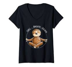 Damen Yoga Faultier Chill Breath Enjoy Spruch T-Shirt mit V-Ausschnitt von MODARTIS - Lustige Cartoon Fun T-Shirts