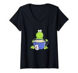 Damen Tea Time Frosch I Frosch in Teetasse I Tee Trinker Fun T-Shirt mit V-Ausschnitt von MODARTIS - Lustige Frösche T-Shirts & Geschenke