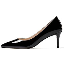 MODENCOCO Damen Solid Slip On Spitze Toe Lack Leder Mid Heel Pumps Schuhe 6,3 cm, Schwarz (schwarz), 39 EU von MODENCOCO