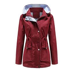 MODFUL Frauen Langarm Regendicht Jacke Wasserdichte Windjacke Mit Kapuze Leicht Winddicht Outdoor Mantel, Weinrot, 46 von MODFUL