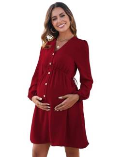 MODISFRAU Damen Umstandskleider Langarm Stillkleid elegant V-Ausschnit Schwangerschaftskleid mit Knöpfen Burgunderrot XL von MODISFRAU
