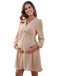 MODISFRAU Damen Umstandskleider Langarm Stillkleid elegant V-Ausschnit Schwangerschaftskleid mit Knöpfen Khaki L von MODISFRAU