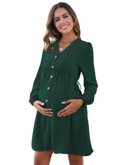 MODISFRAU Damen Umstandskleider Langarm Stillkleid elegant V-Ausschnit Schwangerschaftskleid mit Knöpfen dunkelgrün M von MODISFRAU