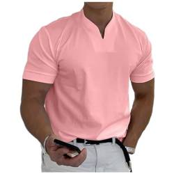 MODISTE Men Gentleman's Business Short Sleeve Fitness T Shirt, Solid Color V-Neck Loose Casual Top for Men, Summer Muscle Fit Shirts (DE/NL/SE/PL, Alphanumerisch, 5XL, Regular, Regular, Pink) von MODISTE