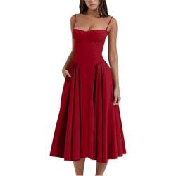 Sleeveless Corset Fit Midi Dress, Sexy Square Neck Spaghetti Strap Dress for Women, with Pocket Tiered A Line Beach Dress (DE/NL/SE/PL, Alphanumerisch, M, Regular, Regular, Red) von MODISTE