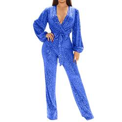 MODSGUE Fitness Anzug Damen Set Damenmode Lässig Sexy V-Ausschnitt Langarm Pailletten Jumpsuit Weites Bein Hosen Jumpsuit von MODSGUE