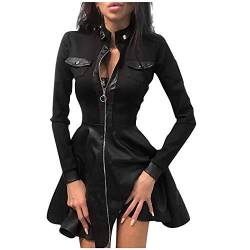 MODSGUE Lederkleid Frauen Cooler Ledermantel Langarm V-Kragen Winterjacke Pu Sexy Bodycon Minikleid mit Gürtel Langes Figurbetontes Kleid Elegant Damen Bleistiftrock von MODSGUE