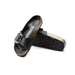 MOEIDO Pantoffeln für Damen Summer Women Sandals Flats Cork Slippers Casual Shoes Fashion Leather Buckle Beach Slides Flip Flop White Yellow Blue (Color : Black, Size : 39 EU) von MOEIDO