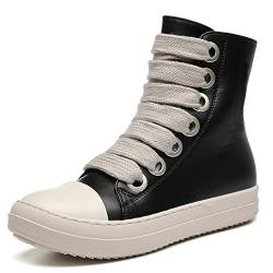 MOFEEDOUKA Damen High Top Sneakers Dicke Schnürsenkel PU Leder Komfort Plateau Walking Schuhe mit Reißverschluss, Schwarz (Black Pu), 40.5 EU von MOFEEDOUKA