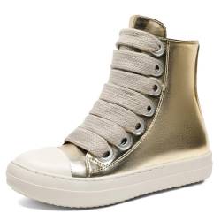 MOFEEDOUKA Damen-Sneaker, hohe Spitze, dicke Schnürsenkel, PU-Leder, bequeme Plateau-Wanderschuhe mit Reißverschluss, Gold2, 35.5 EU von MOFEEDOUKA