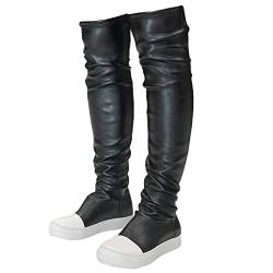 MOFEEDOUKA Oberschenkelhohe Stiefel für Damen, flache Overknee, runde Zehenpartie, Schwarz, 37 EU von MOFEEDOUKA