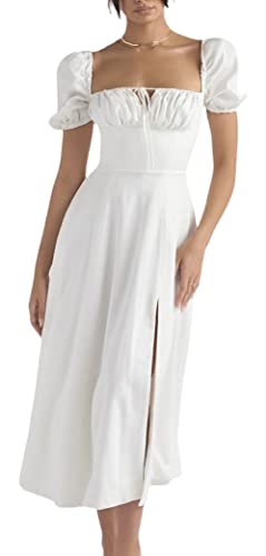 Frauen Sommer Krawatte Träger Split Midi Kleid Wrap Solid Blumendruck Ärmellos Rüschen Casual Vintage A Linie Strandkleid, B-weiß, S von MOFLORA