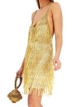 MOFLORA Frauen Sexy Tiefer V-Ausschnitt Rückenfrei Patchwork Bodycon Kleid Sommer Fransen Quaste Club Party Prom Mini Strap Kleid, Gold, Klein von MOFLORA