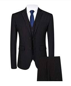 3-teiliger Herren-Anzug mit Nadelstreifen, schmale Passform, Freizeitkleid, Blazer + Weste + Hose, Schwarz, 54 von MOGU