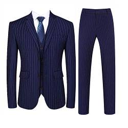 Herren Anzug mit Nadelstreifen, Slim Fit, Casual Kleid, Blazer + Weste + Hose - Blau - von MOGU