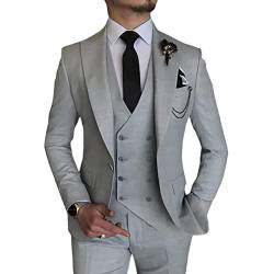 MOGU Herren 3-teiliger Anzug Slim Fit Smoking für Homecoming Hochzeit Abschlussball Blazer Jacke Weste Hose mit Krawatte Set, Hellgrau, L von MOGU