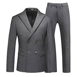 MOGU Herren-Anzug, 3-teilig, zweireihig, Nadelstreifen, schmale Passform, Smokingjacke, Weste, Hose für Business, Hochzeit, Abschlussball, GRAU, 50 von MOGU