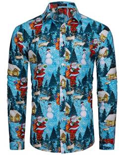 MOHEZ Herren Funky Christmas Print Weihnachtshemd Langarm Button Up Freizeithemd Rentier Santa Schnee Xmas Druck Shirt Blue 3X-Large von MOHEZ