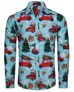 MOHEZ Herren Funky Christmas Print Weihnachtshemd Langarm Button Up Freizeithemd Rentier Santa Schnee Xmas Druck Shirt Blue Large von MOHEZ