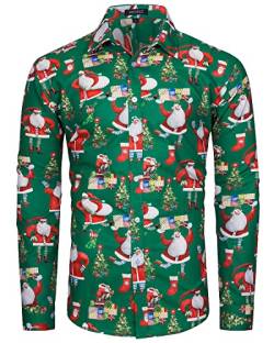 MOHEZ Herren Funky Christmas Print Weihnachtshemd Langarm Button Up Freizeithemd Rentier Santa Schnee Xmas Druck Shirt Green Medium von MOHEZ