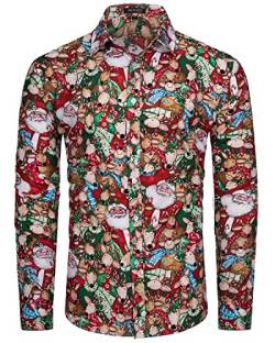 MOHEZ Herren Funky Christmas Print Weihnachtshemd Langarm Button Up Freizeithemd Rentier Santa Schnee Xmas Druck Shirt Red Medium von MOHEZ