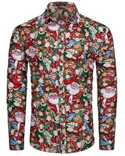 MOHEZ Herren Funky Christmas Print Weihnachtshemd Langarm Button Up Freizeithemd Rentier Santa Schnee Xmas Druck Shirt Red Small von MOHEZ