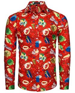 MOHEZ Herren Funky Christmas Print Weihnachtshemd Langarm Button Up Freizeithemd Rentier Santa Schnee Xmas Druck Shirt Red X-Large von MOHEZ