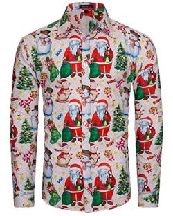 MOHEZ Herren Funky Christmas Print Weihnachtshemd Langarm Button Up Freizeithemd Rentier Santa Schnee Xmas Druck Shirt White Large von MOHEZ