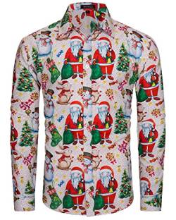 MOHEZ Herren Funky Christmas Print Weihnachtshemd Langarm Button Up Freizeithemd Rentier Santa Schnee Xmas Druck Shirt White XX-Large von MOHEZ