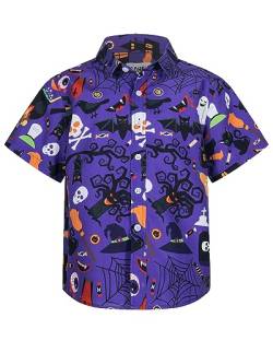 MOHEZ Jungen Halloween Hemden Kurzarm Hawaiihemd Funky Kürbis Skull Schädel Druck Shirt für Kinder Lila 3-4 Jahre von MOHEZ