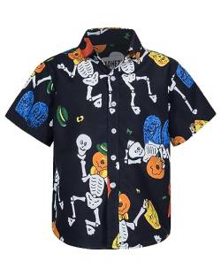 MOHEZ Jungen Halloween Hemden Kurzarm Hawaiihemd Funky Kürbis Skull Schädel Druck Shirt für Kinder Schwarz 11-12 Jahre von MOHEZ