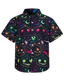 MOHEZ Jungen Halloween Hemden Kurzarm Hawaiihemd Funky Kürbis Skull Schädel Druck Shirt für Kinder Schwarz 7-8 Jahre von MOHEZ
