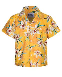 MOHEZ Jungen Kurzarm Hawaii Hemd Kinder Sommer Freizeit Funky Blumenmuster Knopfleiste Shirt für Beach Party Gelb 11-12 Jahre von MOHEZ