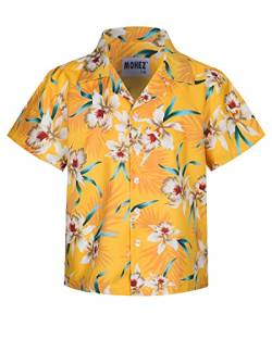 MOHEZ Jungen Kurzarm Hawaii Hemd Kinder Sommer Freizeit Funky Blumenmuster Knopfleiste Shirt für Beach Party Gelb 13-14 Jahre von MOHEZ