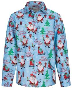 MOHEZ Jungen Weihnacht Freizeit Hemd Langarm X-Mas Christmas Hawaii-Print Shirt Für Kinder, Blau, 11-12 Jahre von MOHEZ