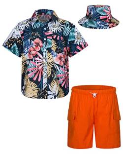 MOHEZ Kind Jungen Hawaii Hemd Short Set Kurzarm Sommer Outfits 3tlg Beach Kleidung Set, Shirt/Hose/Mütze, Navy 7-8 Jahre von MOHEZ