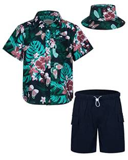 MOHEZ Kind Jungen Hawaii Hemd Short Set Kurzarm Sommer Outfits 3tlg Beach Kleidung Set, Shirt/Hose/Mütze, Schwarz 9-10 Jahre von MOHEZ
