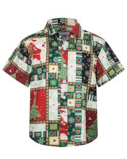 MOHEZ Kinder Kurzarm Weihnacht Hemd, Freizeit Hawaiihemd mit Santa Prints Hemden für Jungen, Grün 5-6 Jahre von MOHEZ