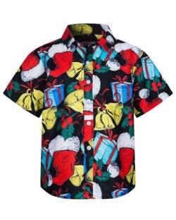 MOHEZ Kinder Kurzarm Weihnacht Hemd, Freizeit Hawaiihemd mit Santa Prints Hemden für Jungen, Schwarz 3-4 Jahre von MOHEZ