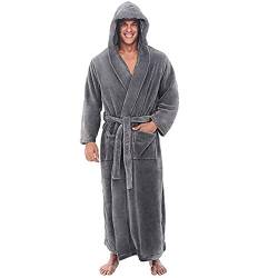 Bademantel Herren Langarm Hausmantel Herren mit Kapuze Herbst Winter Bathrobe Men Große Größen Sauna Männer Bademäntel Lang Einfarbig Weich Plus Size Long Pyjama Grau 5XL von MOKBAY