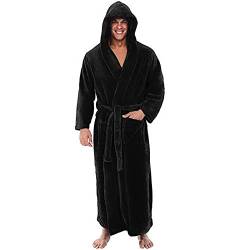 Bademantel Herren Langarm Hausmantel Herren mit Kapuze Herbst Winter Bathrobe Men Große Größen Sauna Männer Bademäntel Lang Einfarbig Weich Plus Size Long Pyjama Schwarz 5XL von MOKBAY