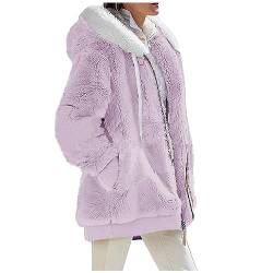 Fleecejacke Damen Langarm Winter Mantel Damen mit Kapuze Plüsch Warm Fashion Damen-Jacken mit Reißverschluss Outdoor Kuscheljacke Damen Flauschig Furry Fashion Women Coat helles lila M von MOKBAY