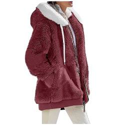 Fleecejacke Damen Langarm Winter Mantel Damen mit Kapuze Plüsch Warm Fashion Damen-Jacken mit Reißverschluss Outdoor Kuscheljacke Damen Flauschig Furry Fashion Women Coat wein 4XL von MOKBAY