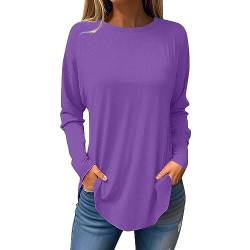 Langarmshirt Damen Elegant Crew Neck Langarm Oversize Pullover Damen Frühling Basics Fashion Tunika Damen Herbst Große Größen Long Sleeve Shirt Women lila 3XL von MOKBAY