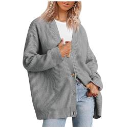 MOKBAY Cardigan Damen mit Knöpfe Gestrickte Jacke Damen Herbst Freizeit Strickpullover Damen Große Größen Longsleeve Warm Strickmantel Winter Aesthetic Casual Women Strickjacke Grau XL von MOKBAY