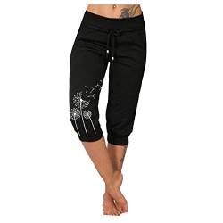 MOKBAY Damen Hosen Sommer Stoff Stretch Jogpants Freizeithose Frau Ethno Cargo Luftige Leinenhose Damen Sommer 7/8 Strandbekleidung Anzug High Waist H-Black M 508 von MOKBAY