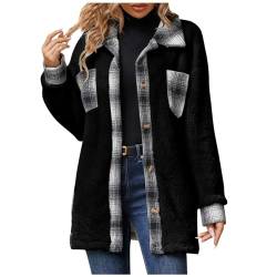 MOKBAY Hemdjacke Damen Langarm Herbst Winterjacke Damen Lang Fashion Karo Plüsch Fleecejacke Damen Reverskragen Warm Kariert Fashion Elegant Freizeit Frauen Fleecejacke mit Tasche schwarz S von MOKBAY